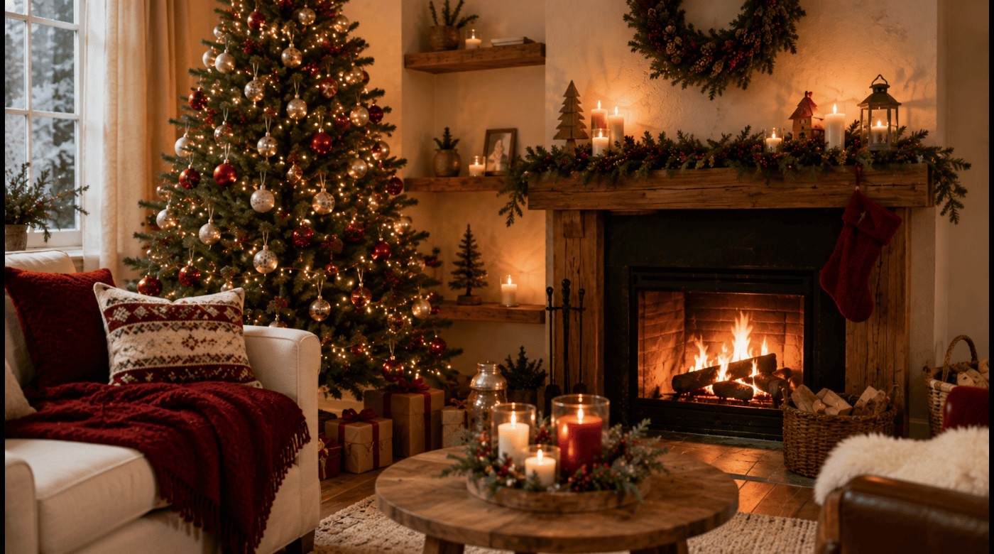 Salon décoré pour Noël avec sapin, guirlandes et palette rouge, bois et blanc chaud