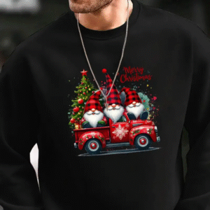 sweat noel homme camion rouge avec gnomes