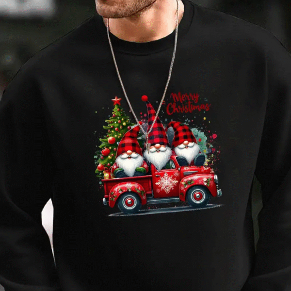 sweat noel homme camion rouge avec gnomes