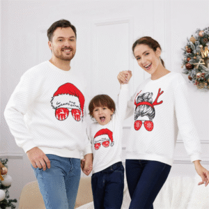 Pull de Noel blanc familial avec Père Noel