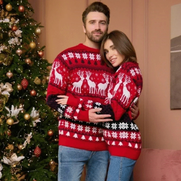 pull rouge de noellumineux pour couple