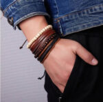 ensemble bracelets cuir bois homme