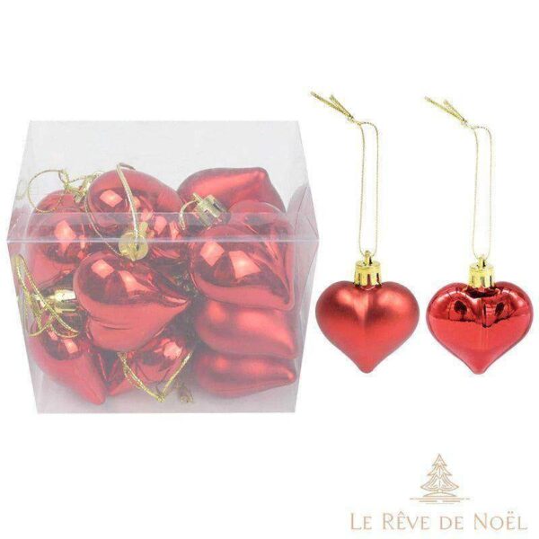 Lot de 12 Boules de Noël coeur Rouge