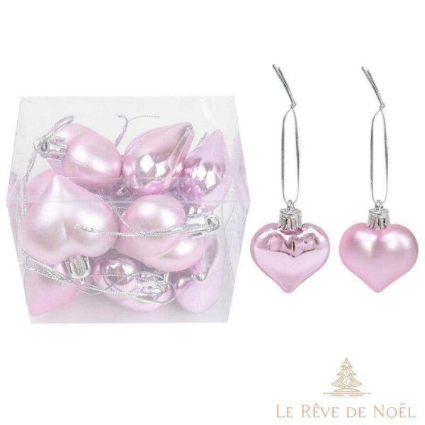 Lot de 12 Boules de Noël coeur Rose