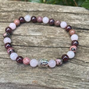 bracelet triple protection grenat rhodonite quartz rose