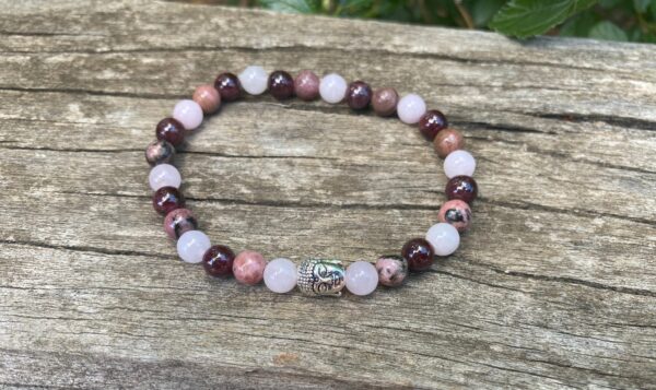 bracelet triple protection grenat rhodonite quartz rose