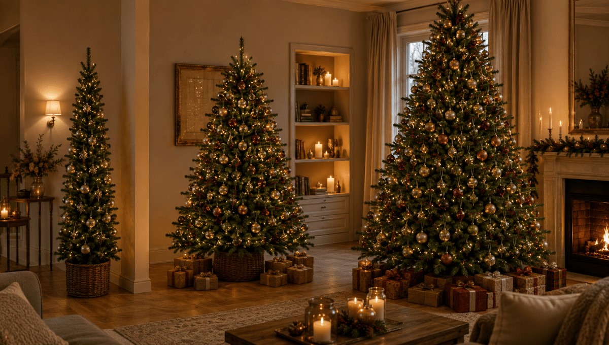 Différentes formes de sapins de Noël artificiels adaptées à un intérieur