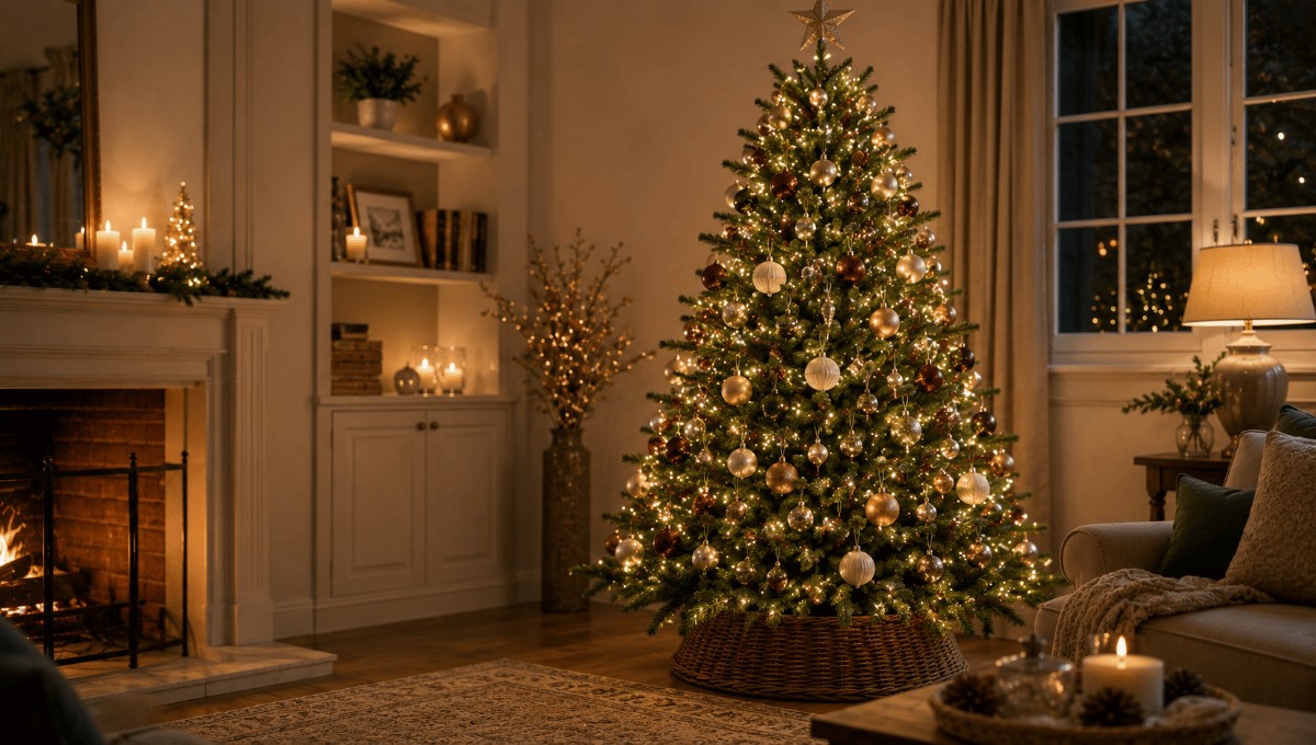 Sapin de Noël décoré avec des guirlandes lumineuses et des boules harmonieuses