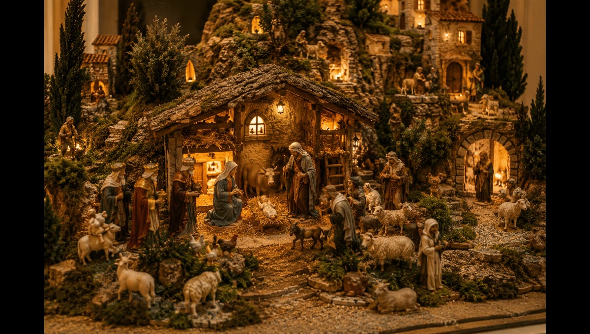 Crèche de Noël artisanale avec santons et décor provençal