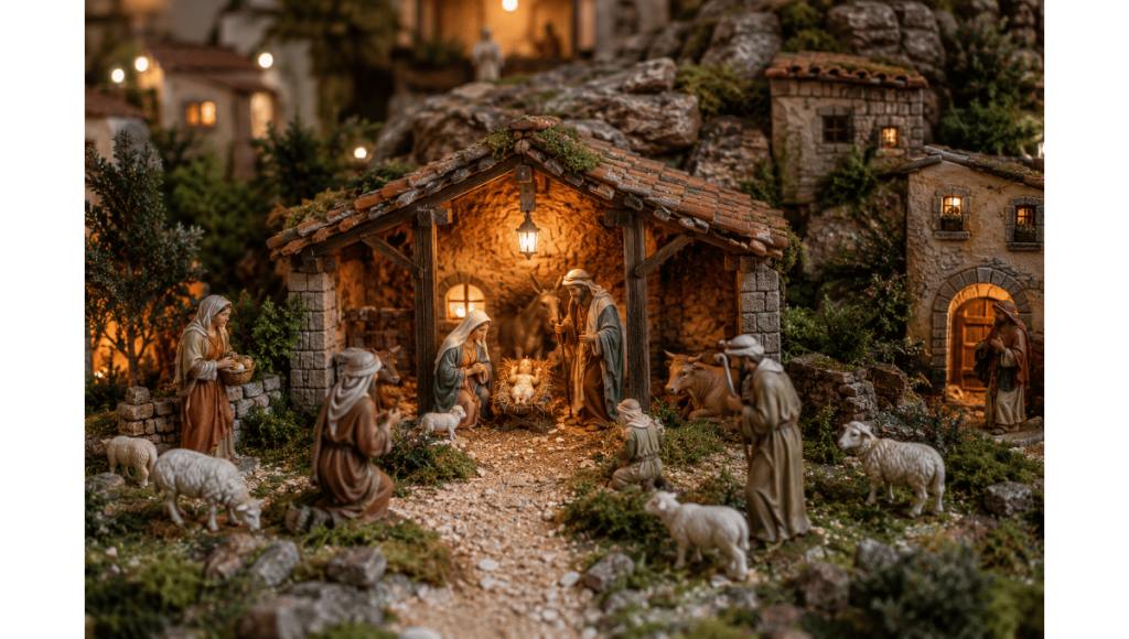 Décor de crèche artisanale avec santons et végétation miniature
