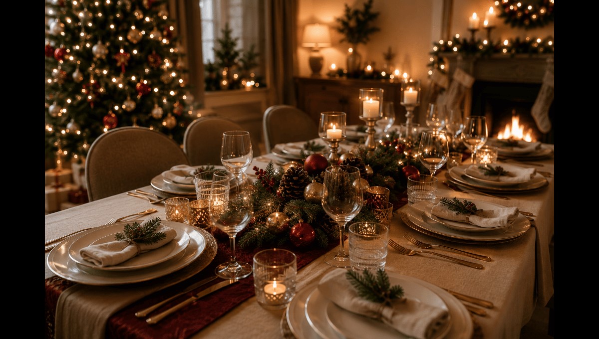 Décoration de table de Noël élégante avec bougies et centre de table