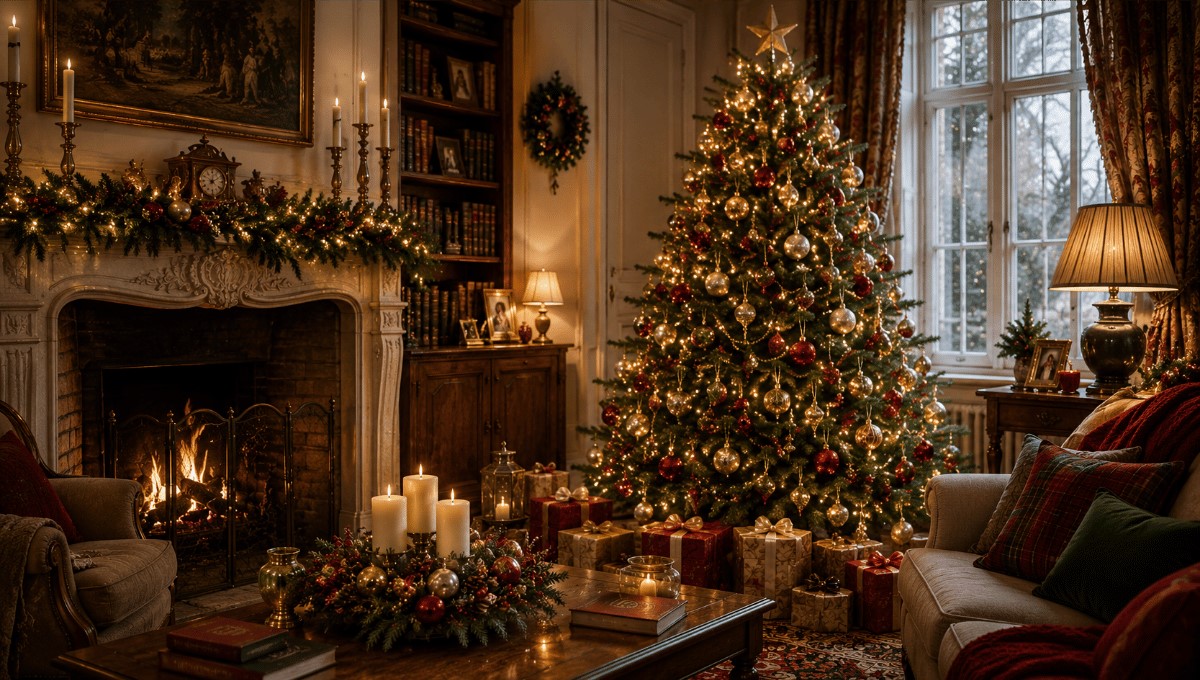 : Sapin de Noël traditionnel décoré dans un intérieur chaleureux