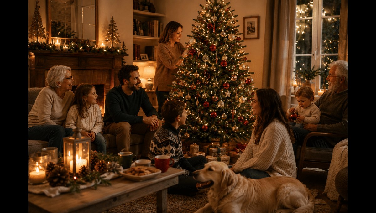 Famille réunie autour d’un sapin de Noël décoré dans un salon chaleureux