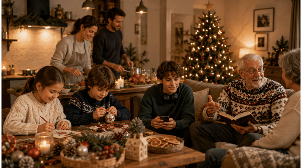 Famille préparant ensemble les décorations et le repas de Noël