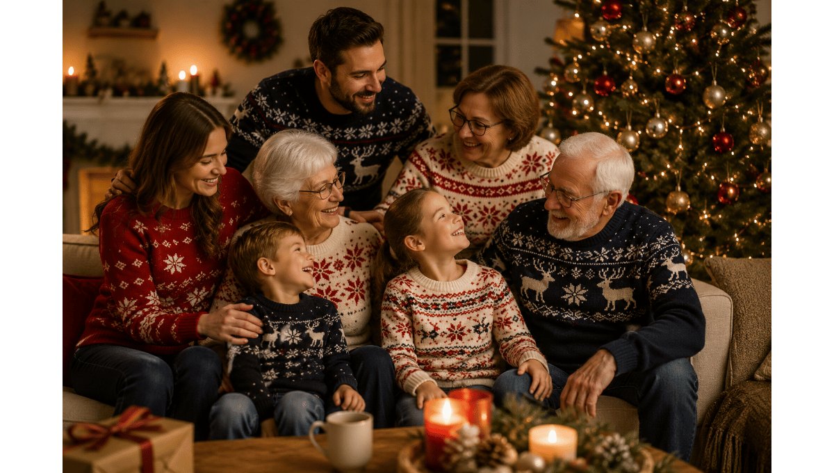 Famille portant des pulls de Noël assortis dans un salon décoré