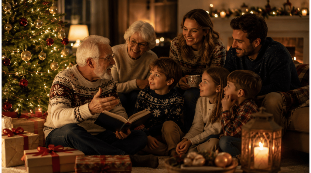 Famille échangeant calmement près du sapin après le repas de Noël
