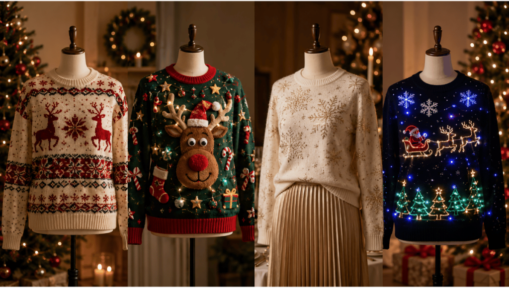 Comparaison de plusieurs styles de pulls de Noël pour la famille