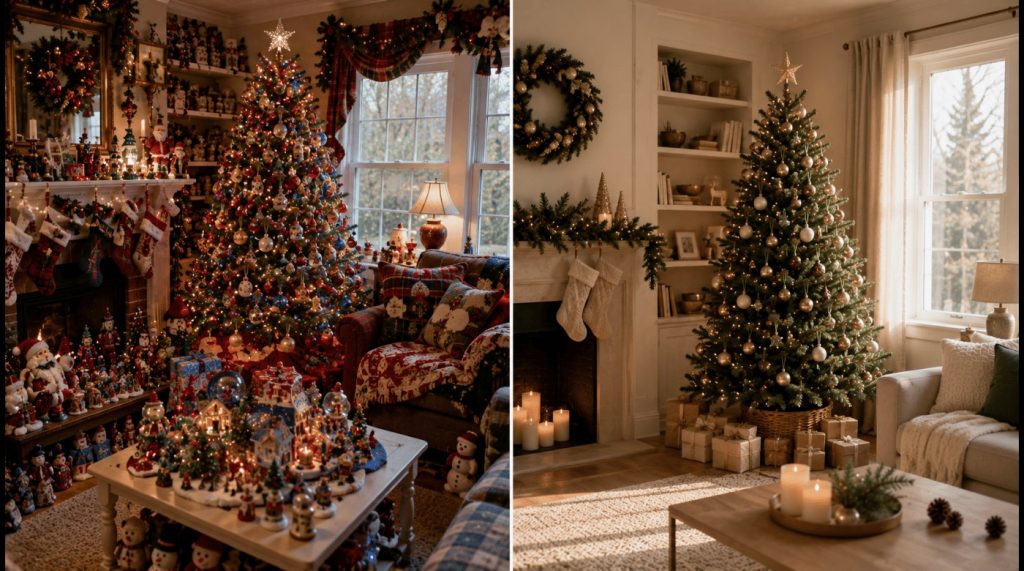 Comparaison avant et après d’un salon de Noël surchargé puis rééquilibré grâce à une décoration plus cohérente
