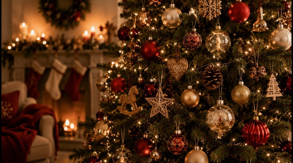 Boules de Noël anciennes et contemporaines harmonieusement disposées sur un sapin