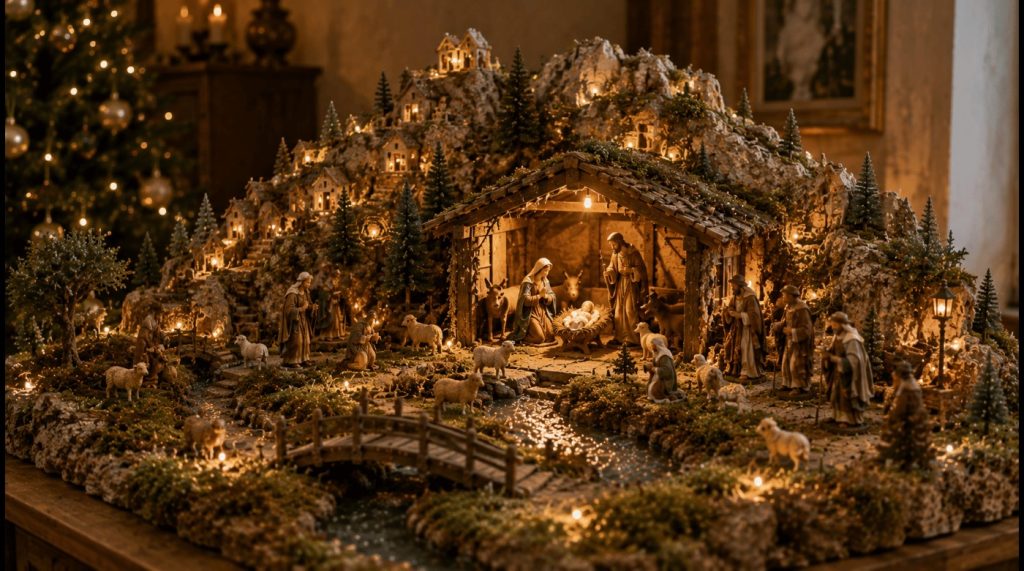 Crèche de Noël artisanale terminée avec montagne, rivière et santons