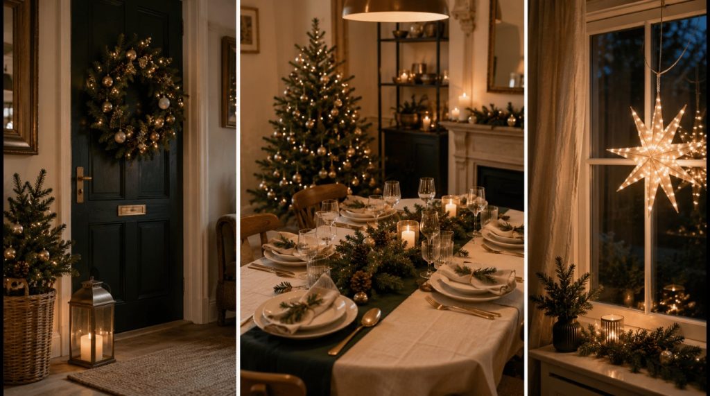 Entrée, table et fenêtre décorées pour Noël avec des compositions légères et harmonieuses