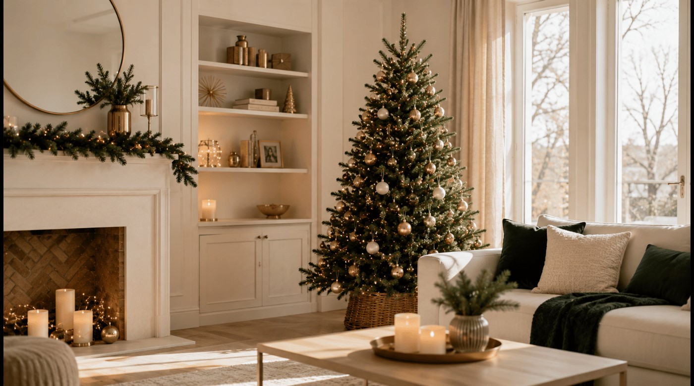 Salon décoré pour Noël avec un sapin élégant, une palette harmonieuse et des espaces laissés libres