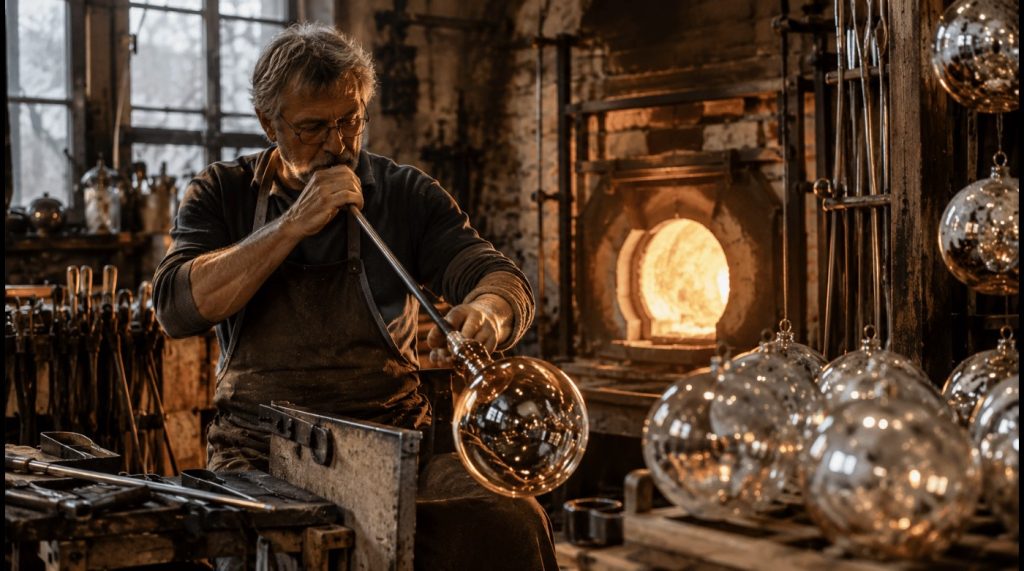Artisan verrier fabriquant une boule de Noël en verre soufflé