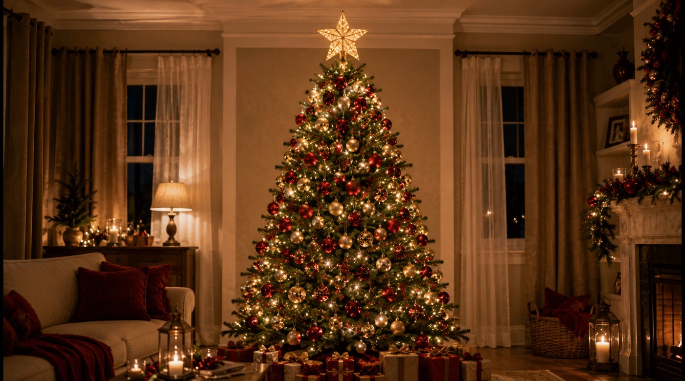 Étoile dorée lumineuse placée au sommet d’un sapin de Noël décoré