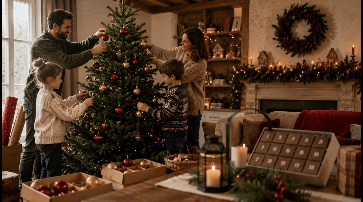 Famille installant son sapin de Noël au début de l’Avent