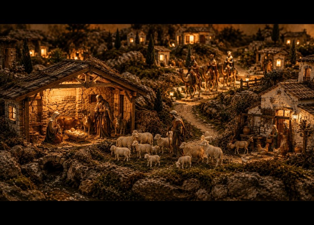 Disposition harmonieuse des animaux dans une grande crèche de Noël