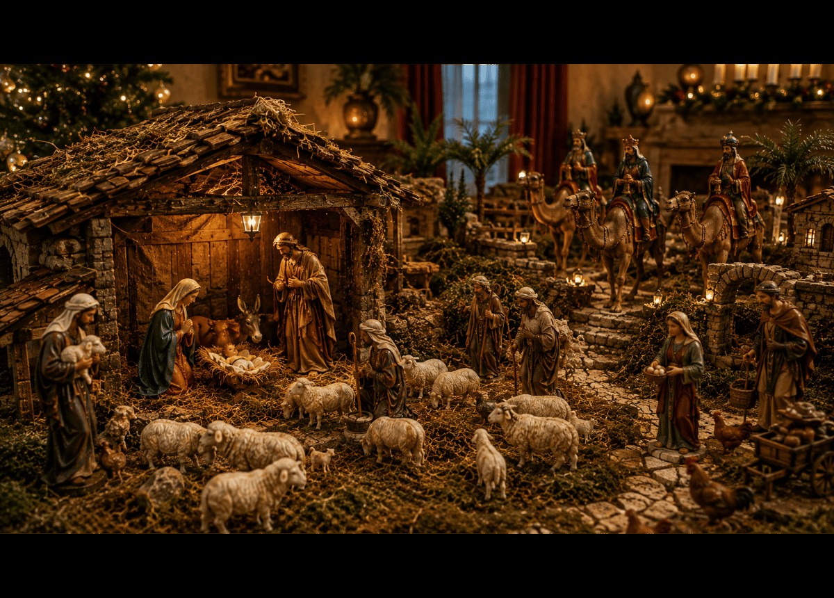 Crèche de Noël complète avec bœuf, âne, moutons et chameau