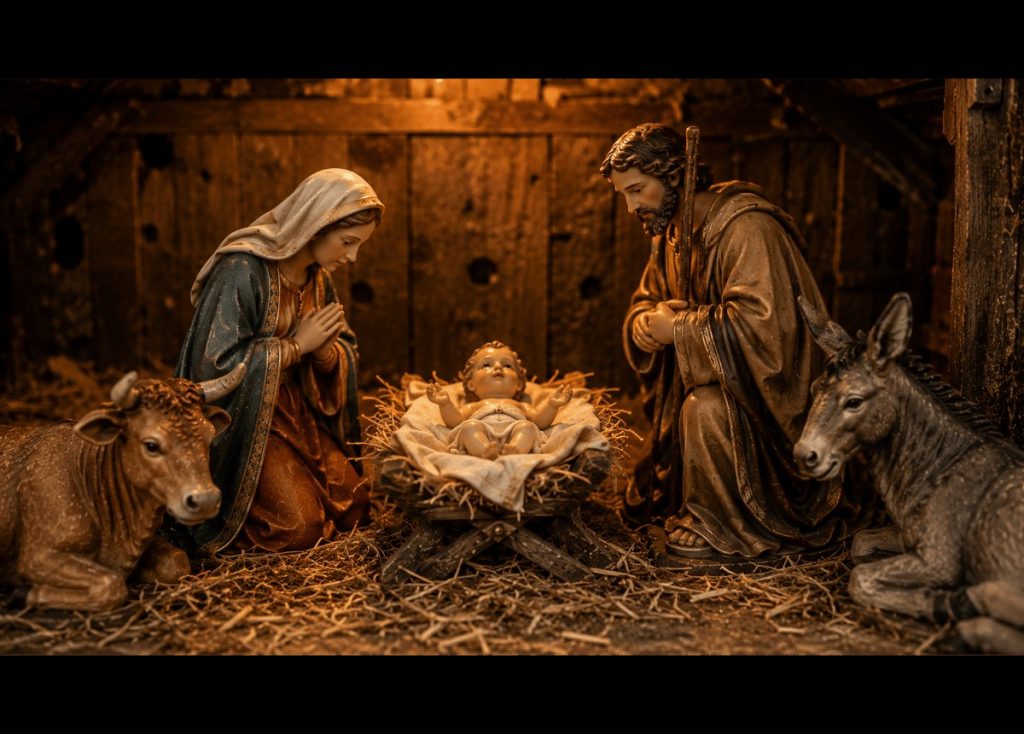 Bœuf et âne placés près de la mangeoire dans une crèche de Noël
