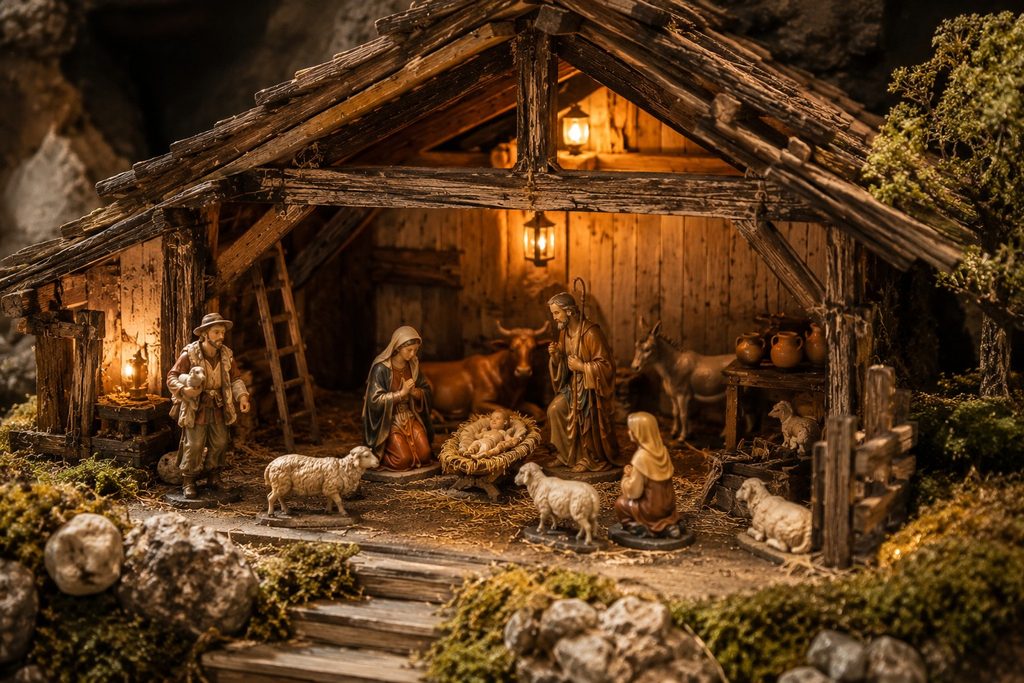 Crèche de Noël artisanale en bois avec santons et éclairage chaud