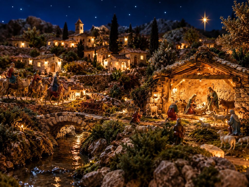 Crèche de Noël éclairée avec une lumière chaude centrée sur la Nativité
