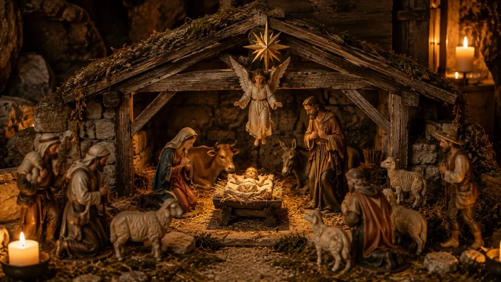 Adulte et enfant installant ensemble une crèche de Noël familiale