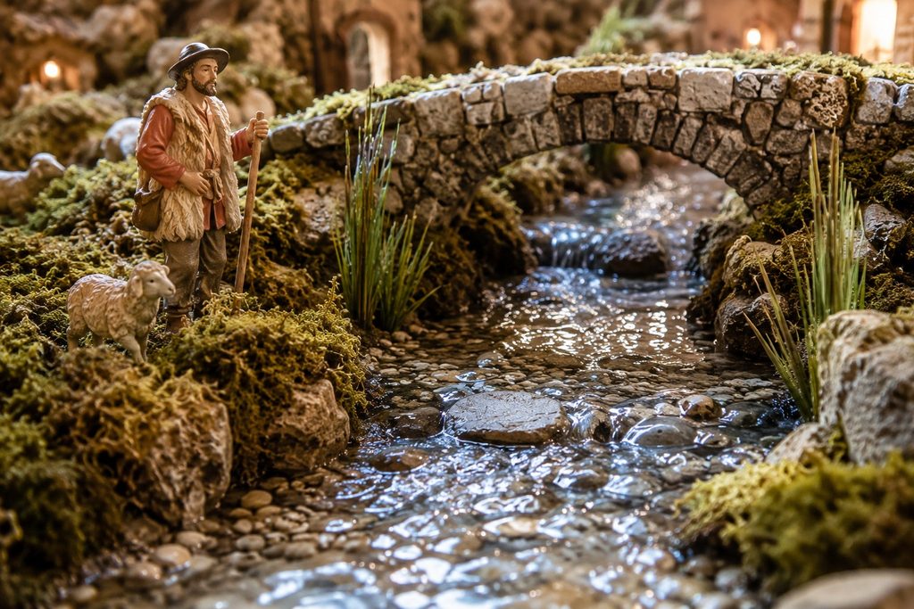 Petit pont et berges végétalisées autour d’une rivière de crèche de Noël