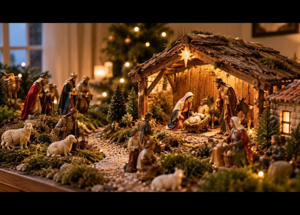 Santons disposés harmonieusement dans une crèche de Noël éclairée