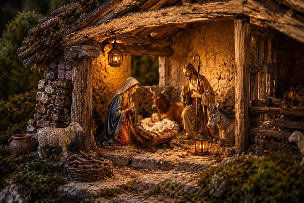 Éclairage blanc chaud et indirect de la Sainte Famille dans une crèche de Noël