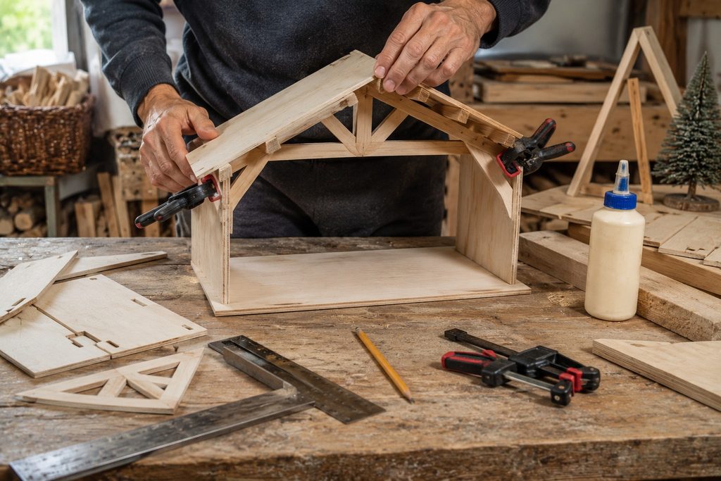 Découpe et assemblage des pièces d’une crèche de Noël en bois