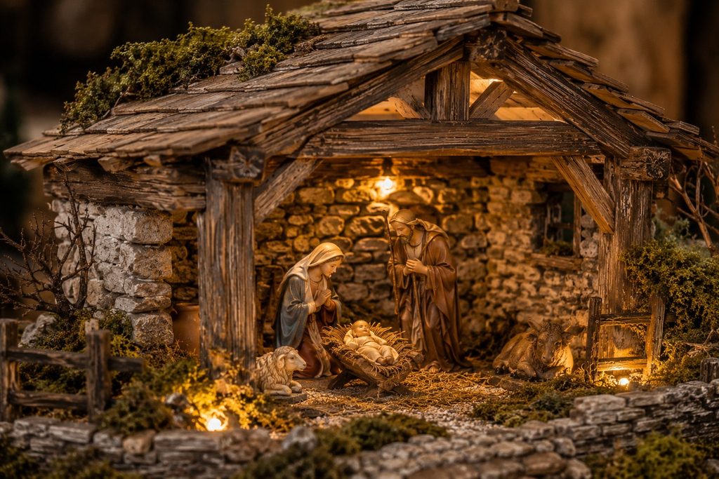 Détails de finition d’une crèche de Noël en bois vieillie et éclairée