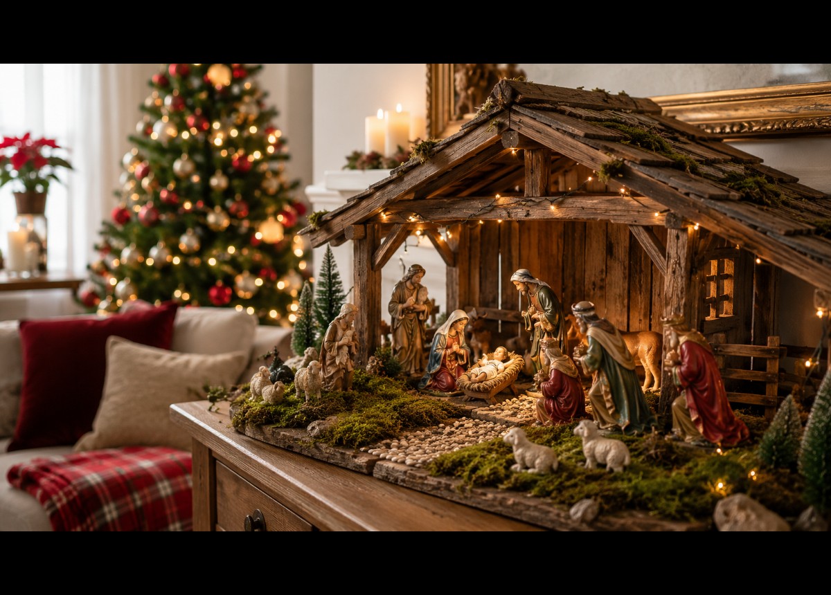 Crèche de Noël installée sur un meuble dans un salon chaleureux