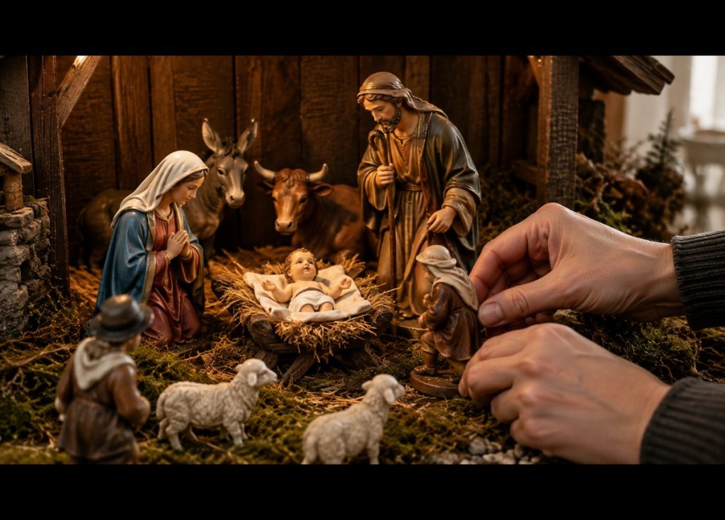 Placement de Marie, Joseph, Jésus, du bœuf et de l’âne dans une crèche de Noël
