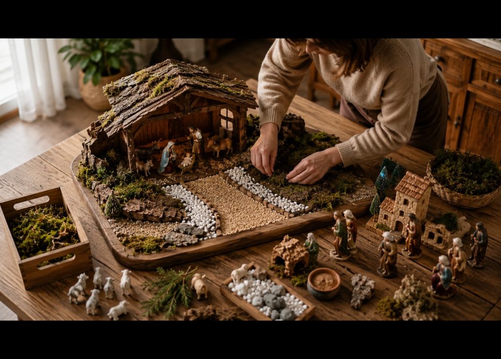 Préparation du support et organisation du décor d’une crèche de Noël