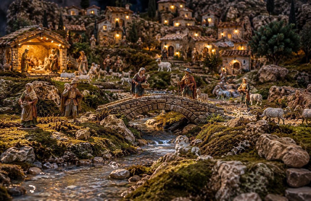 Rivière artificielle traversant une crèche de Noël provençale avec un petit pont