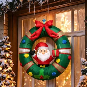 For  Christmas decorations Outdoor inflatable Santa Claus poking out from the wreath Built-in LED lights Window